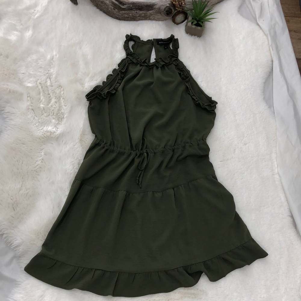 Gibsonlook Army Green Ruffle Layer Sleeveless Dress Size Small